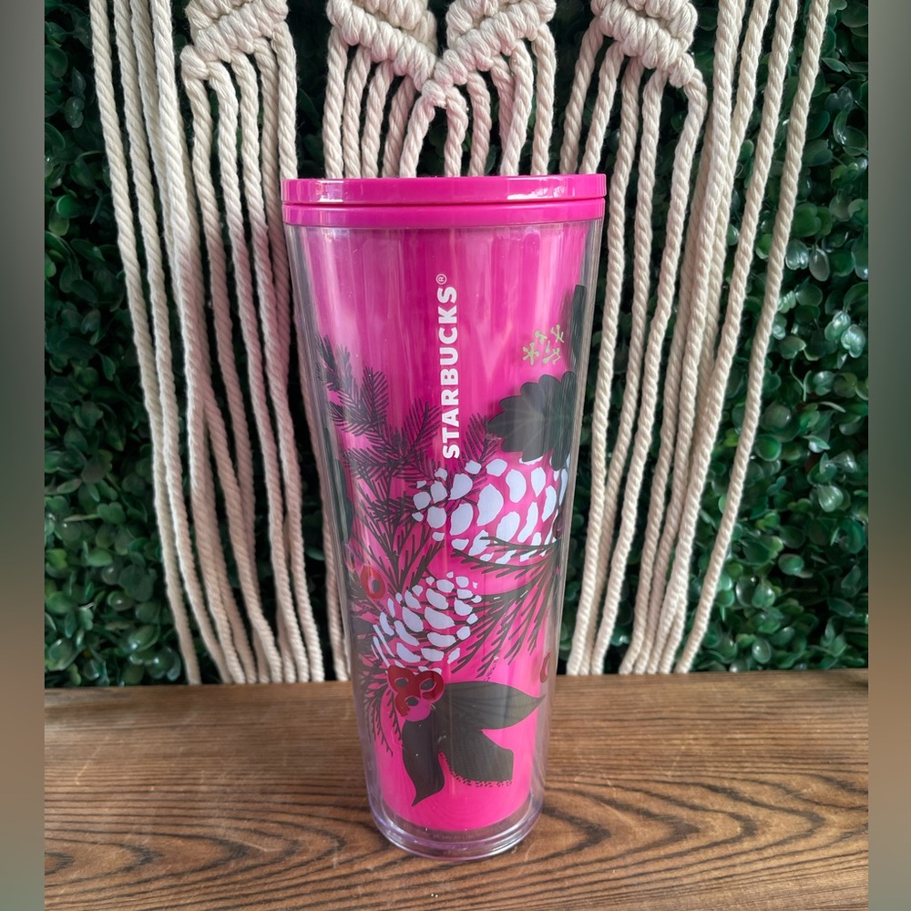 NWT Starbucks 2021 Holiday Pink Pine Design Color Change Tumbler Cold Cup 24oz